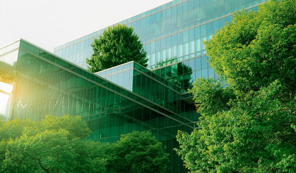 bâtiments de bureaux et arbres